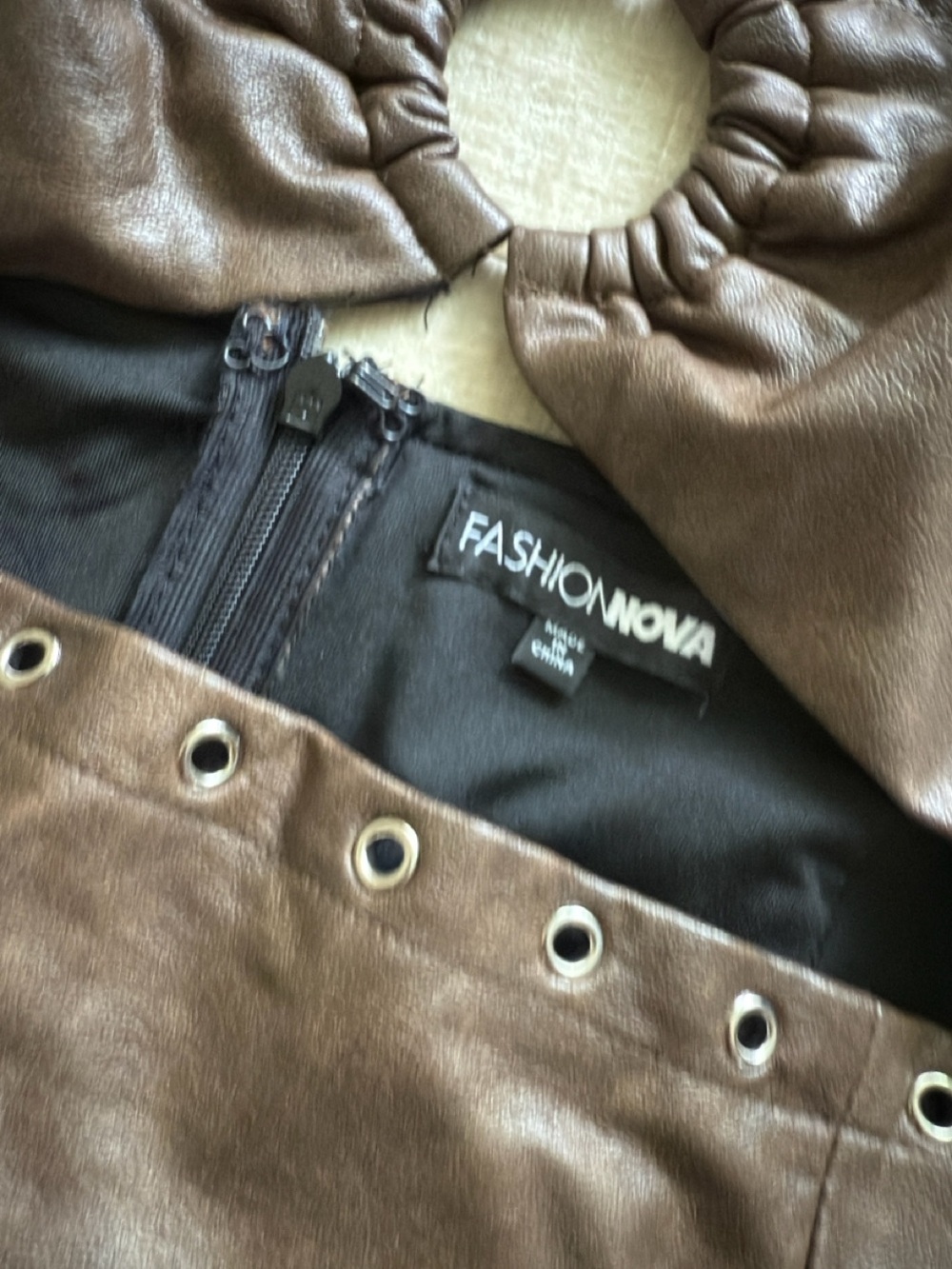 Fashion Nova Brown Faux-Leather Halter Dress - Picture 3 of 7